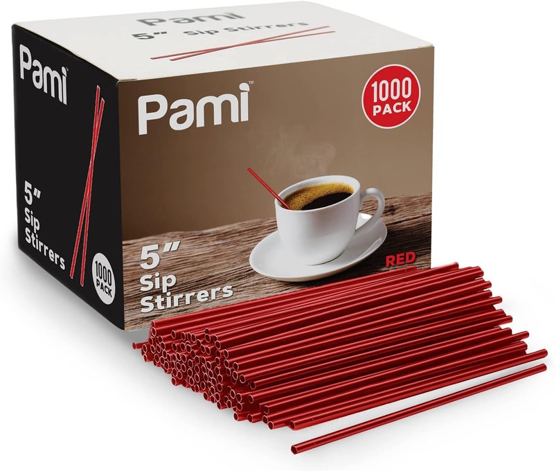 PAMI Disposable 5in Plastic Sip Stirrers/Straws, Value Pack of 1000 Stirring Sticks for Hot & Cold Drinks, Cocktail & Coffee Bar Stir Straws (Red One Size) - Image 1